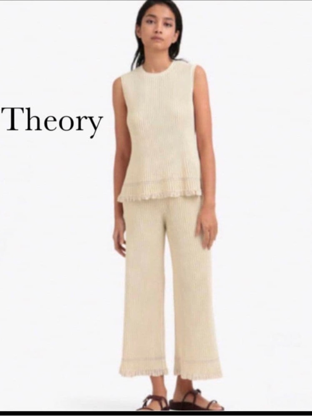 Theory Crema Cream Ottoman Ribbed Knit Wide-Leg Culotte Pants Size L